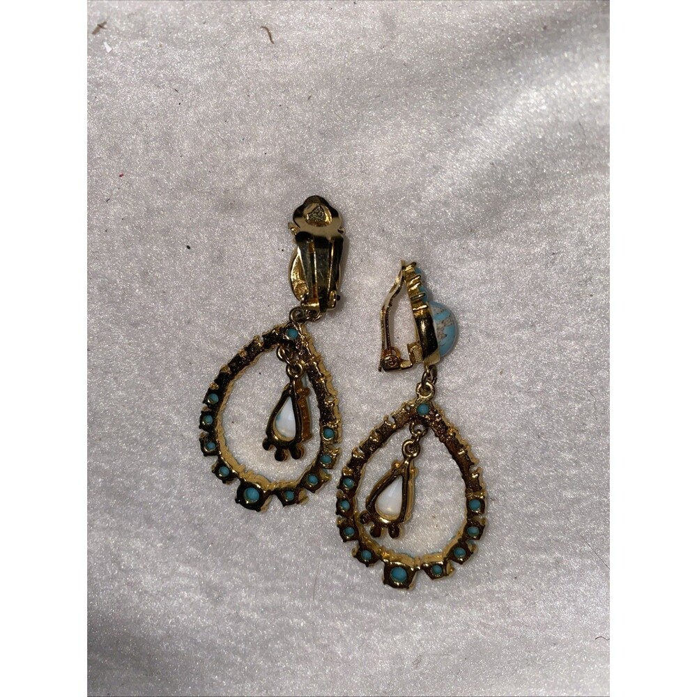 Vintage Beautiful Fashion Vintage Large Turquoise Dangle Clip Earrings Circle - Picture 5 of 5